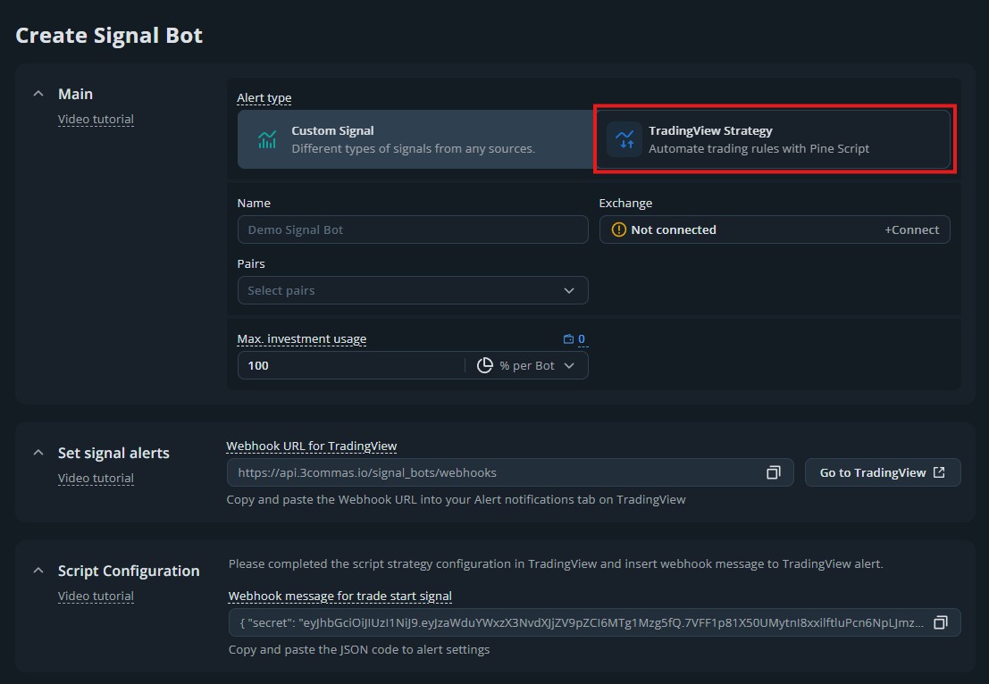 3Commas - integração de bots de trading cripto com sinal do TradingView