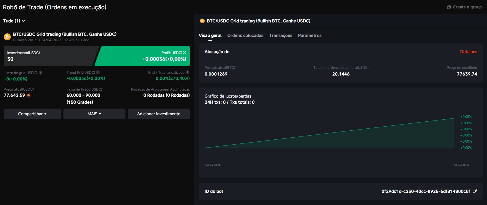 Pionex Grid Bot ativo - ordens em execução BTC/USDC