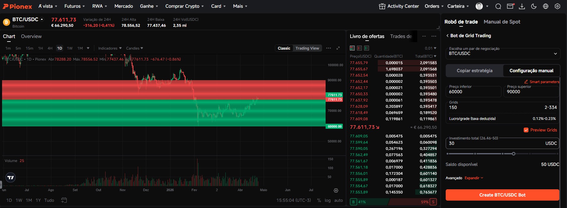 Pionex Grid Bot configuração manual - bot de trading cripto BTC/USDC