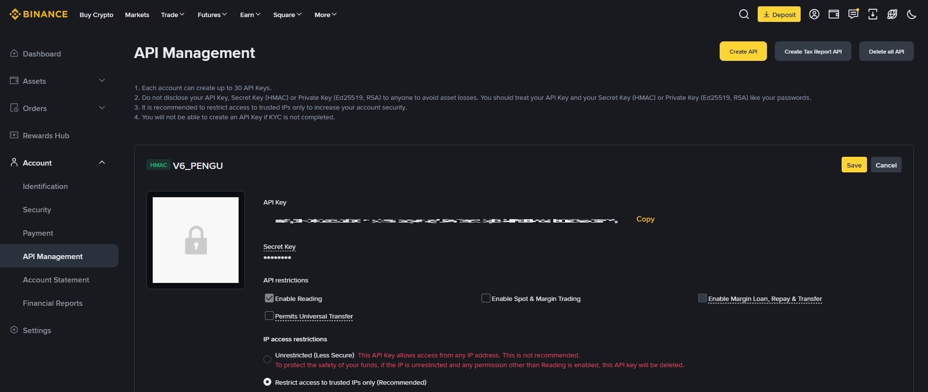 Configuração de chave API na Binance com permissões de trading