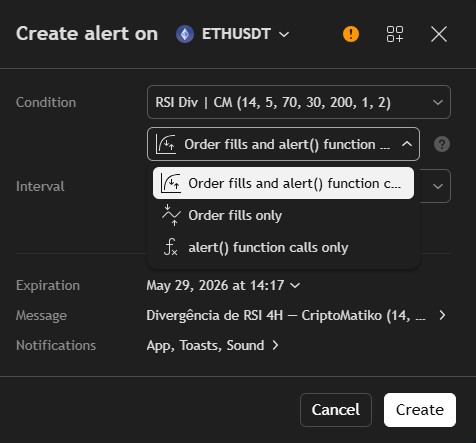 tradingview alerta any alert call pine script sem programar