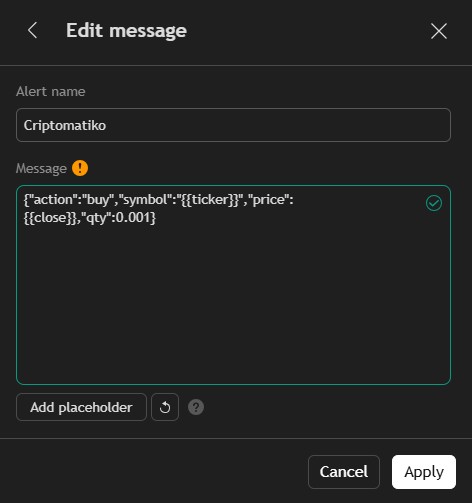 Painel de criação de alerta no TradingView com mensagem JSON configurada