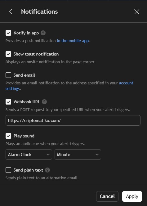 Campo Webhook URL na aba Notificações do painel de alertas do TradingView