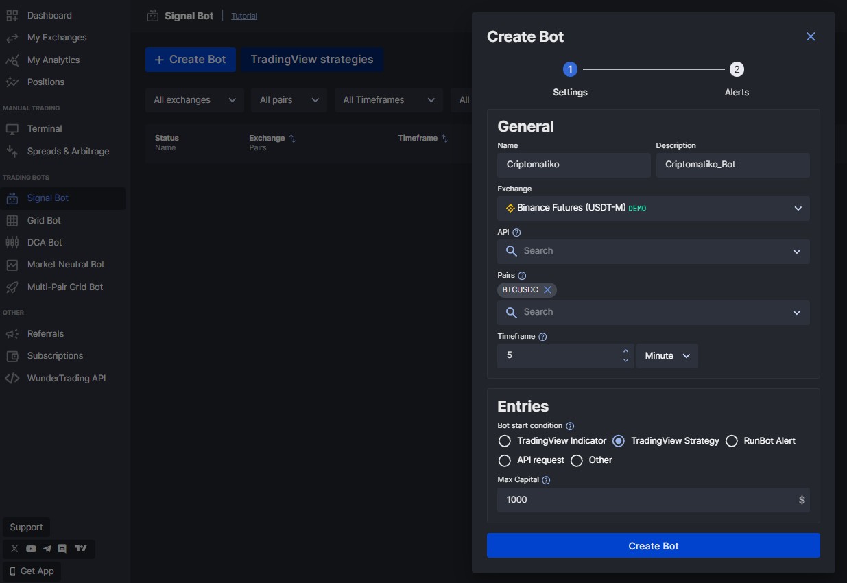 WunderTrading - configuração de webhook para bot de trading cripto via TradingView