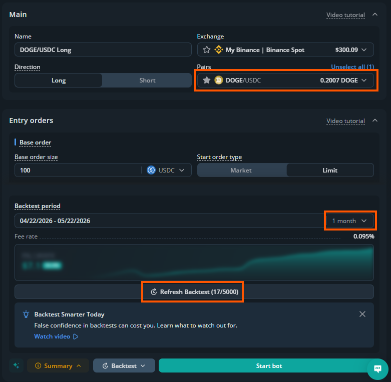Advanced Settings do bot 3Commas com par DOGE/USDC selecionado e backtest de 1 mês atualizado