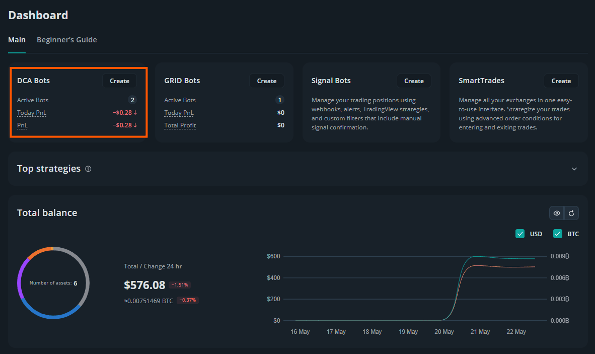 3Commas dashboard com 3 dca bots ativos: DOGE/USDC, SOL/USDC e ENJ/USDC Grid