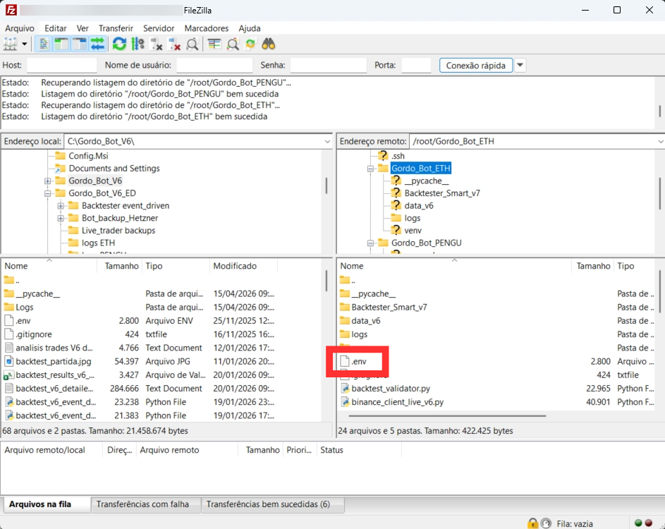 arquivo env filezilla servidor bot python