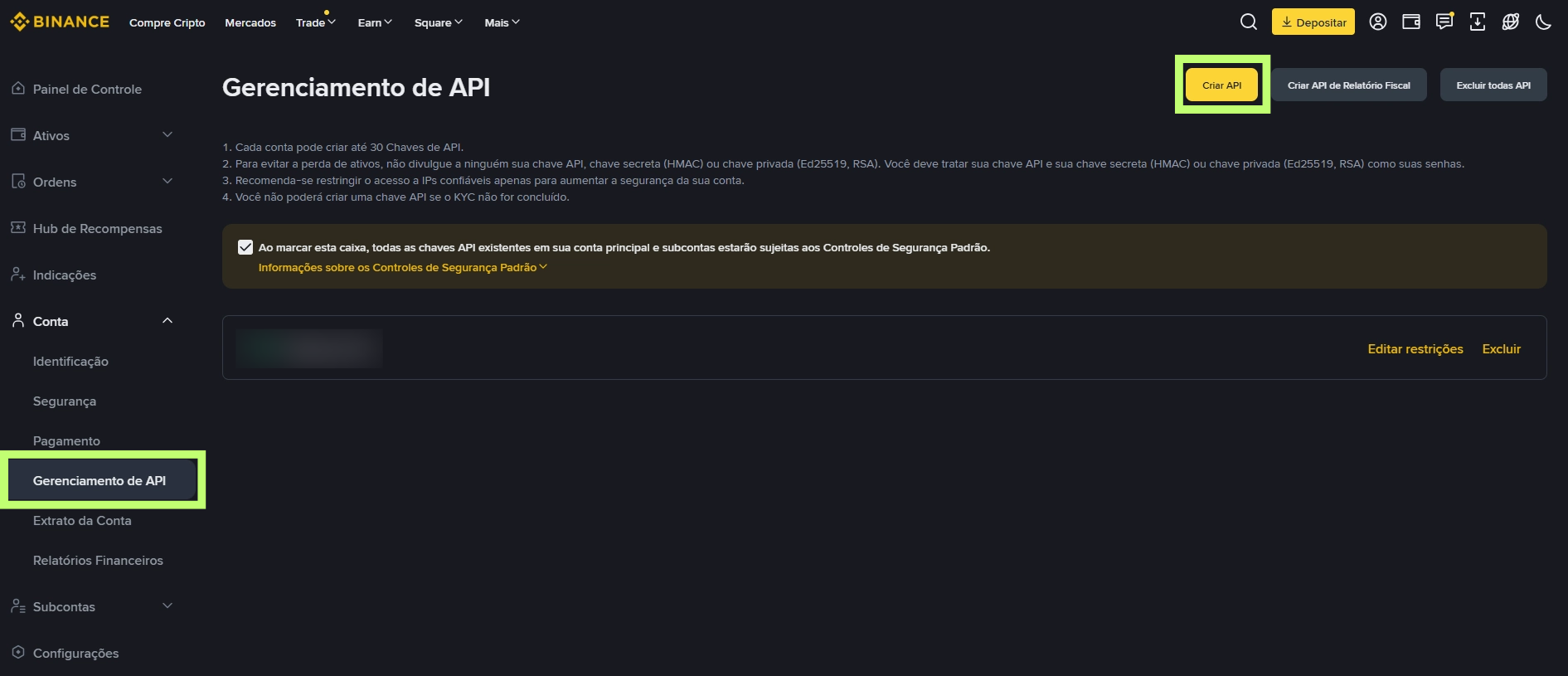 API binance python - tela de criação de chave API