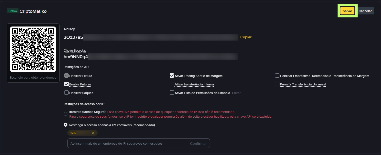 permissoes API binance para bot de trading