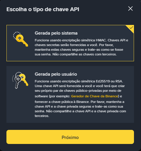 tipo de API binance system generated