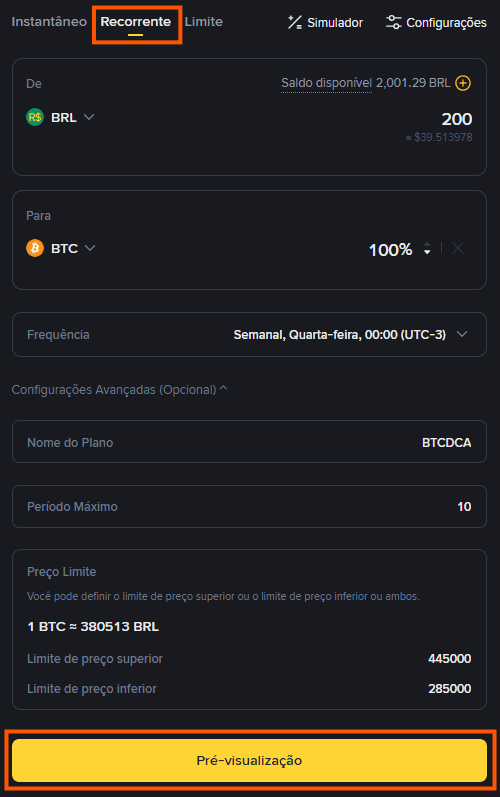 Binance Convert Recorrente - configuracao do par BRL para BTC com frequencia semanal