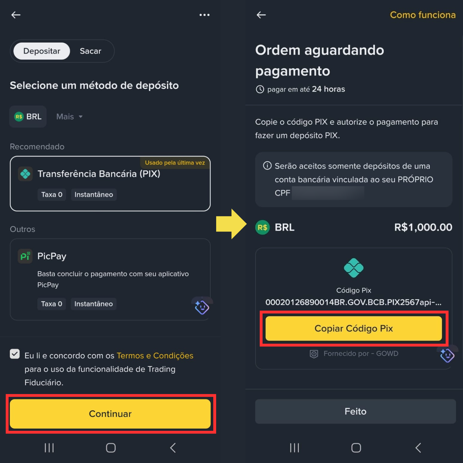 Tela de depósito via Pix na Binance sem taxa - confirmado em maio de 2026