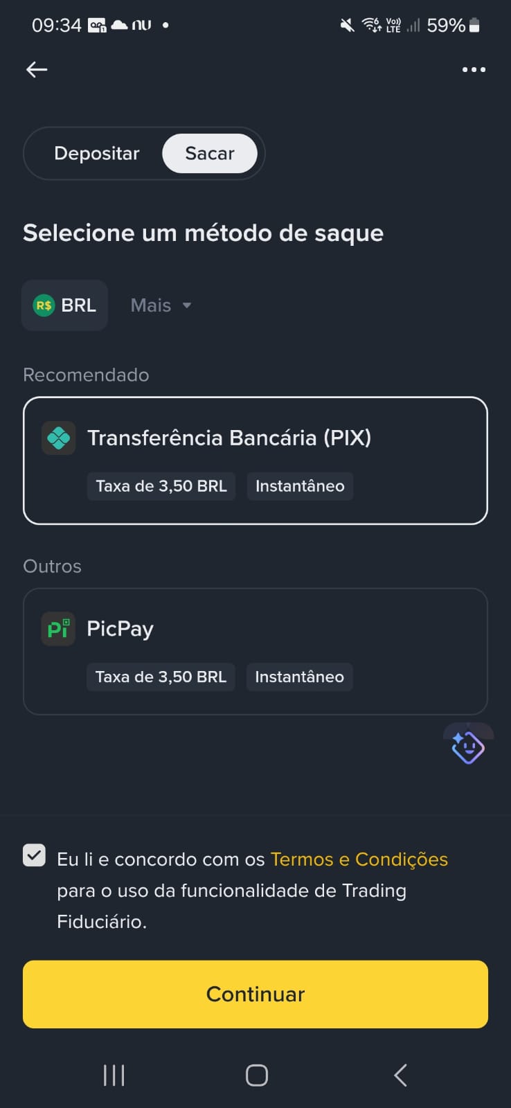 Tela de saque via Pix na Binance mostrando taxa de R$3,50 por transação