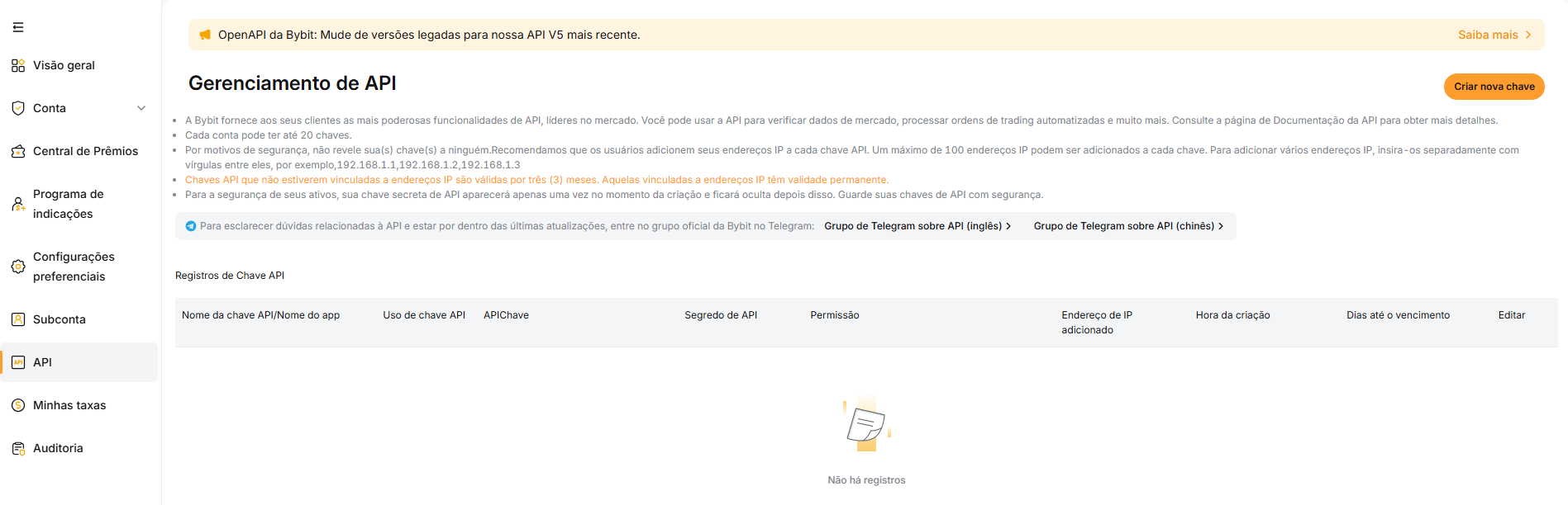 Bybit API Python criar api key passo a passo