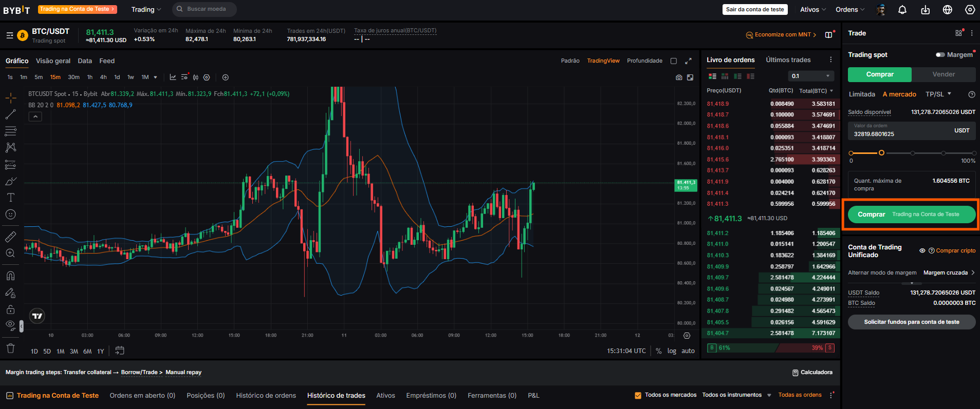 Conta de teste da Bybit com saldo virtual para praticar trading antes de investir dinheiro real