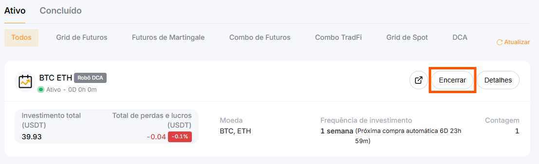 DCA Bot da Bybit ativo com histórico de compras e P&L em tempo real para traders brasileiros