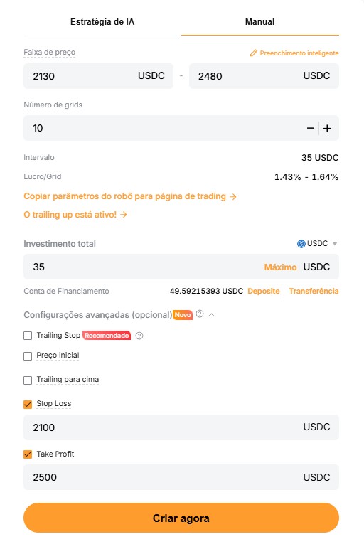 bybit grid bot configuração manual preço grids