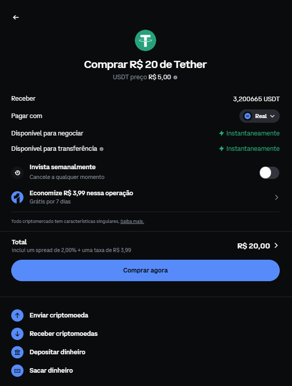 Tela de compra da Coinbase mostrando spread de 2% mais taxa de R$3,99 por operação