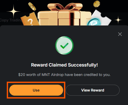 Bybit airdrop MNT creditado reward claimed successfully 20 dólares