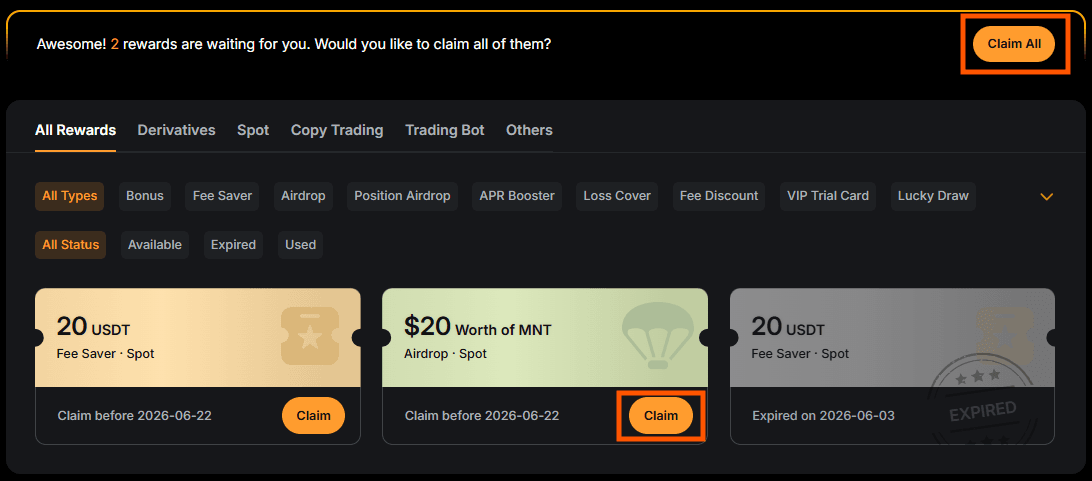 Bybit central recompensas 2 recompensas para resgatar airdrop MNT claim