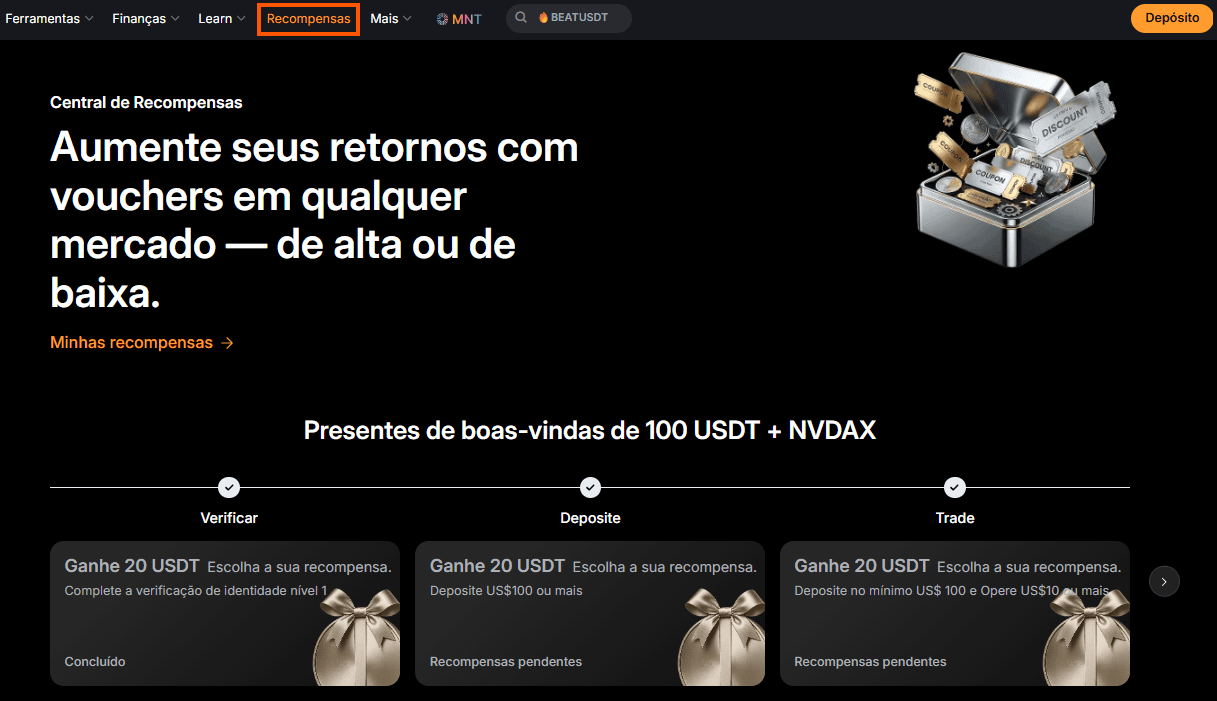 Central de Recompensas Bybit - presentes de boas-vindas