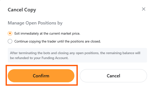 parar copy trading bybit fechar posicoes aguardar master trader
