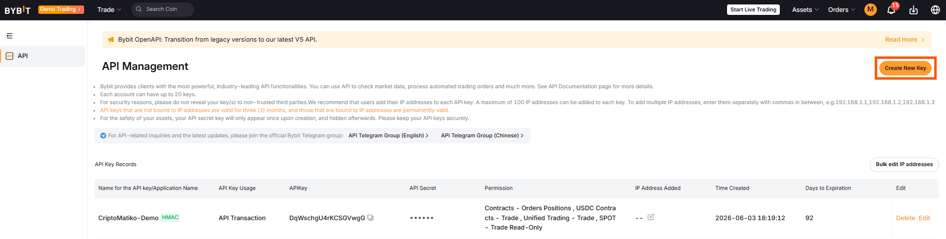criar API key Bybit Demo para bot Python