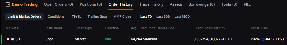 ordem compra BTC executada Bybit Demo