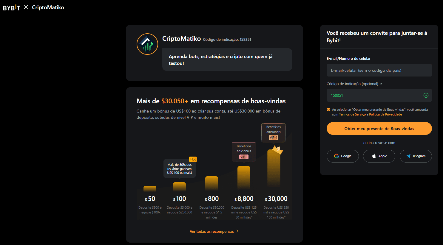 Bybit referral code 158351 CriptoMatiko landing page