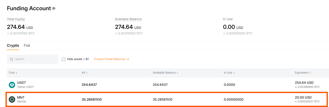 Bybit MNT na carteira Funding Account 35 MNT 20 dólares airdrop