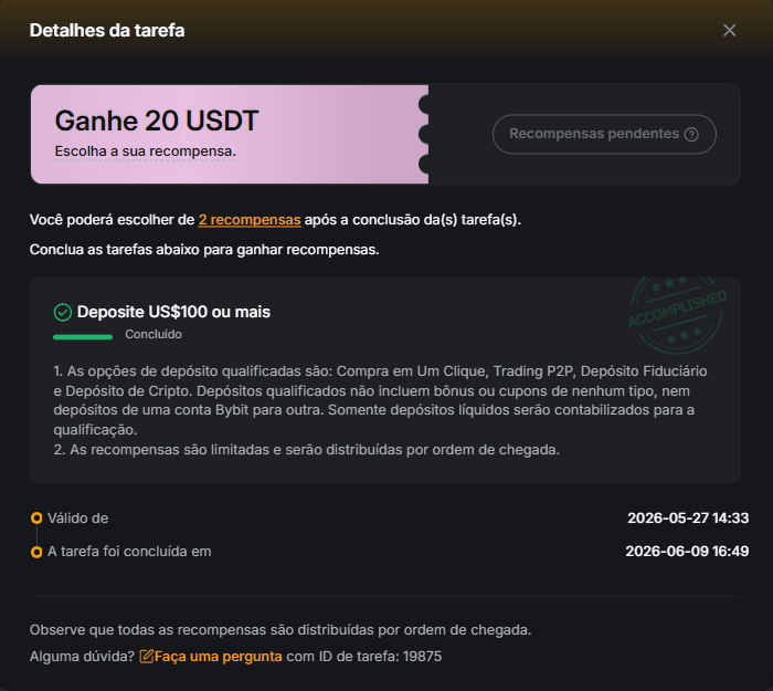 Bybit tarefa 2 deposito 100 USDT detalhes