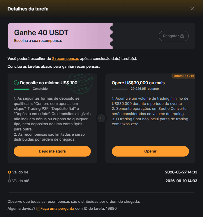 Bybit tarefa 4 volume 30000 USDT 40 USDT bônus