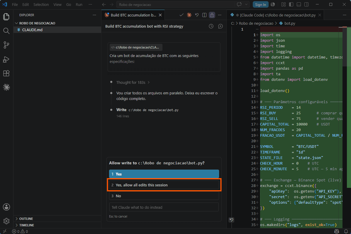 Claude Code gerando bot DCA BTC com RSI em Python no VSCode