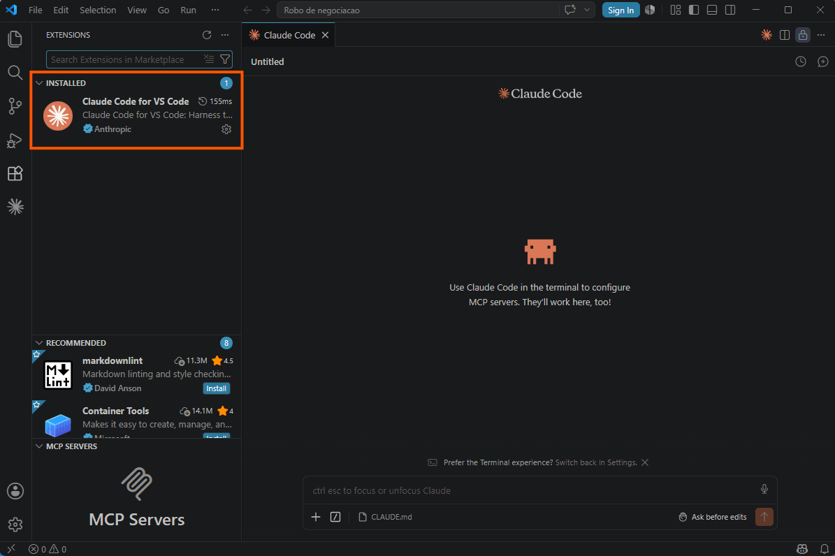 Claude Code extensão VSCode instalada
