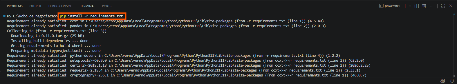 pip install requirements bot trading python