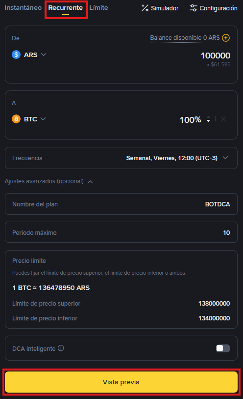 Configuración de compra recurrente en Binance para DCA cripto con ARS
