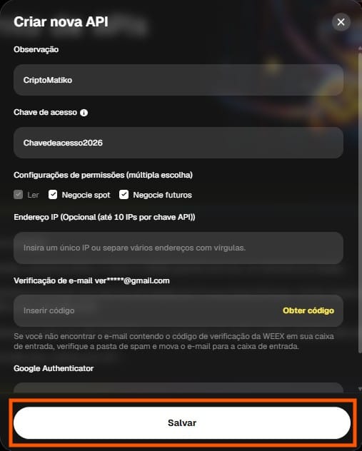 Campo de passphrase na criação da API key da WEEX